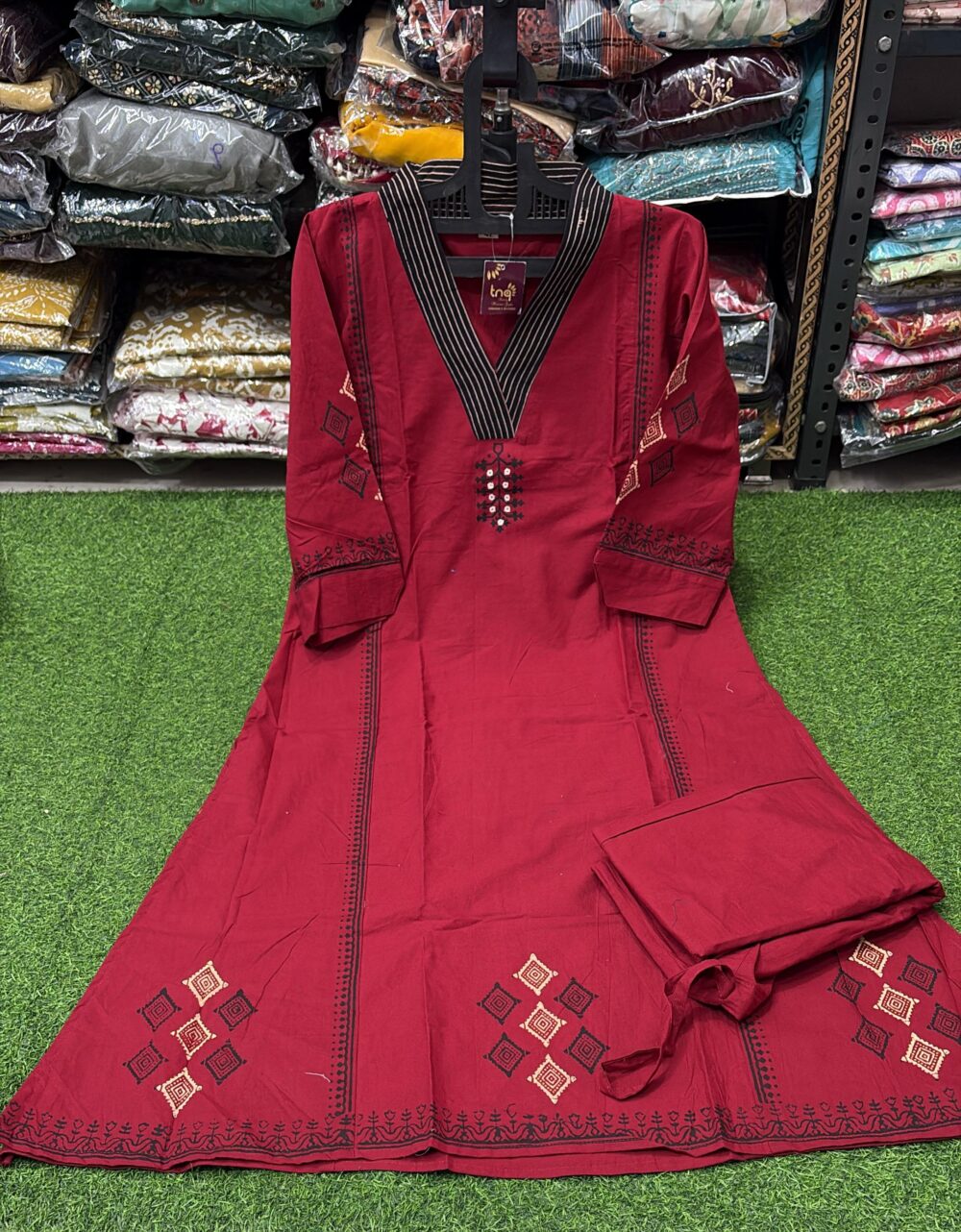 Red colour Pure cotton long cord set - Image 2